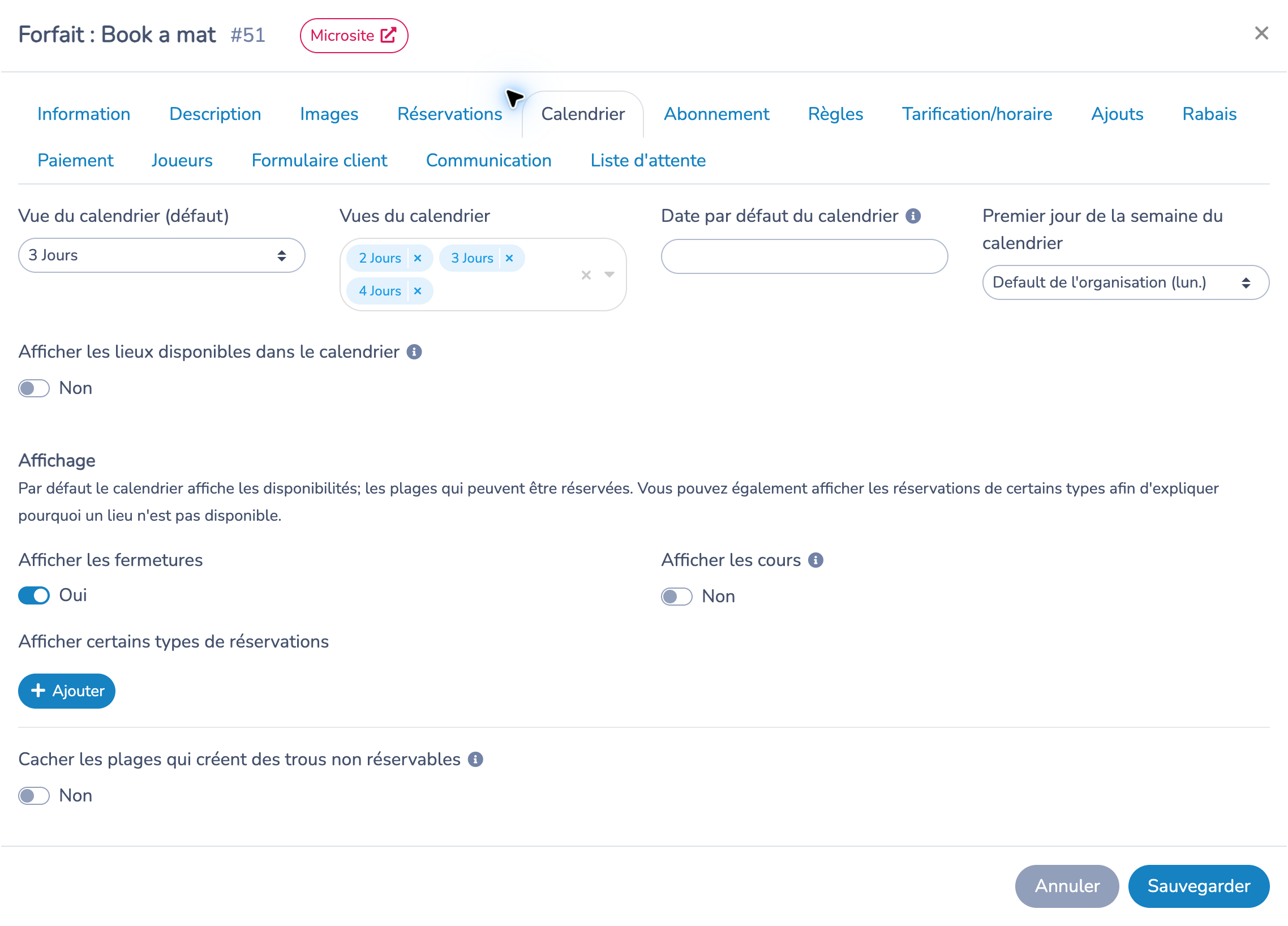 Onglet Calendrier avec la vue par défaut sur trois jours, les autres vues et les options d'affichage