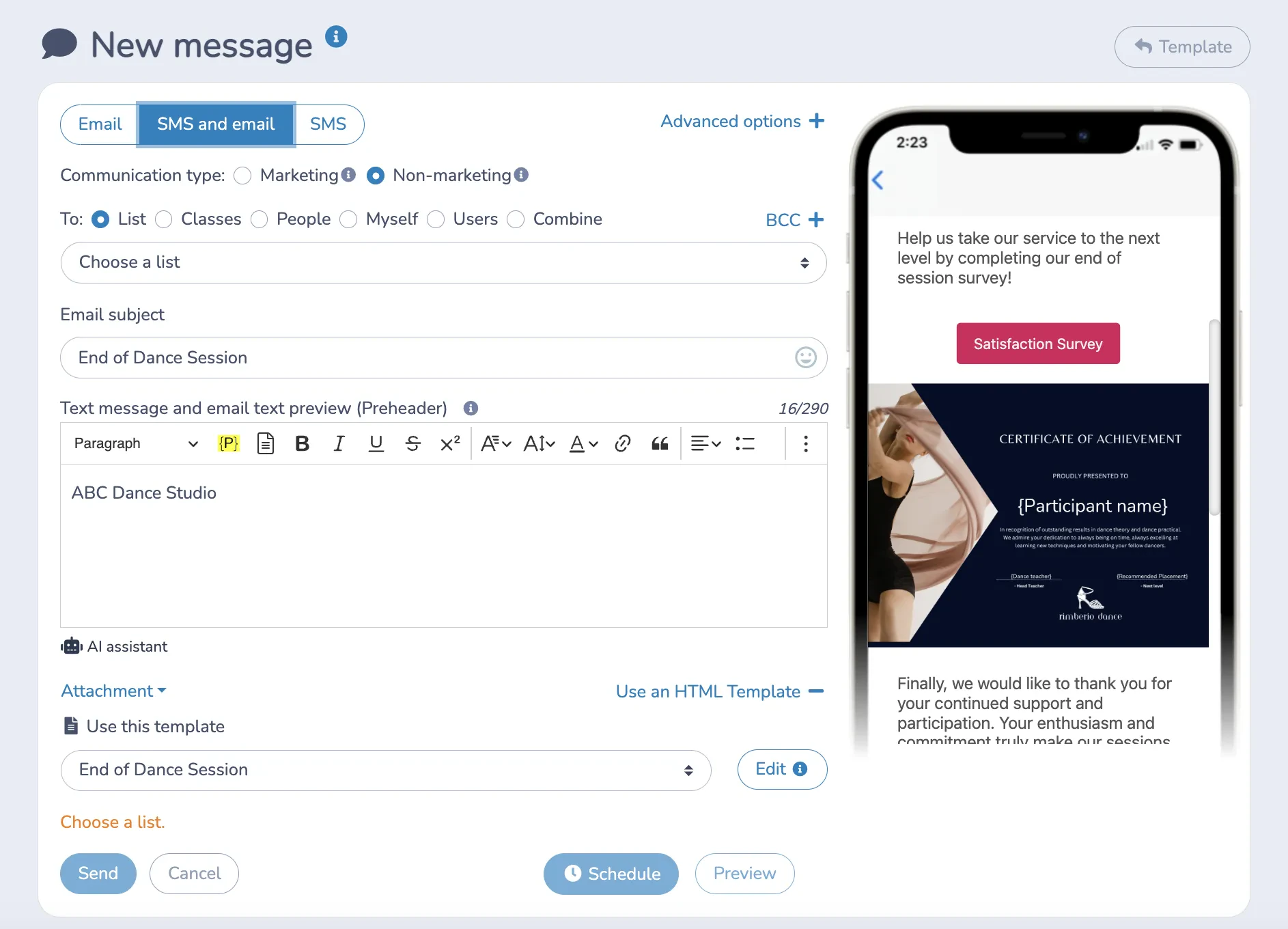 Send bulk SMS/Email reminder for Dance Studios
