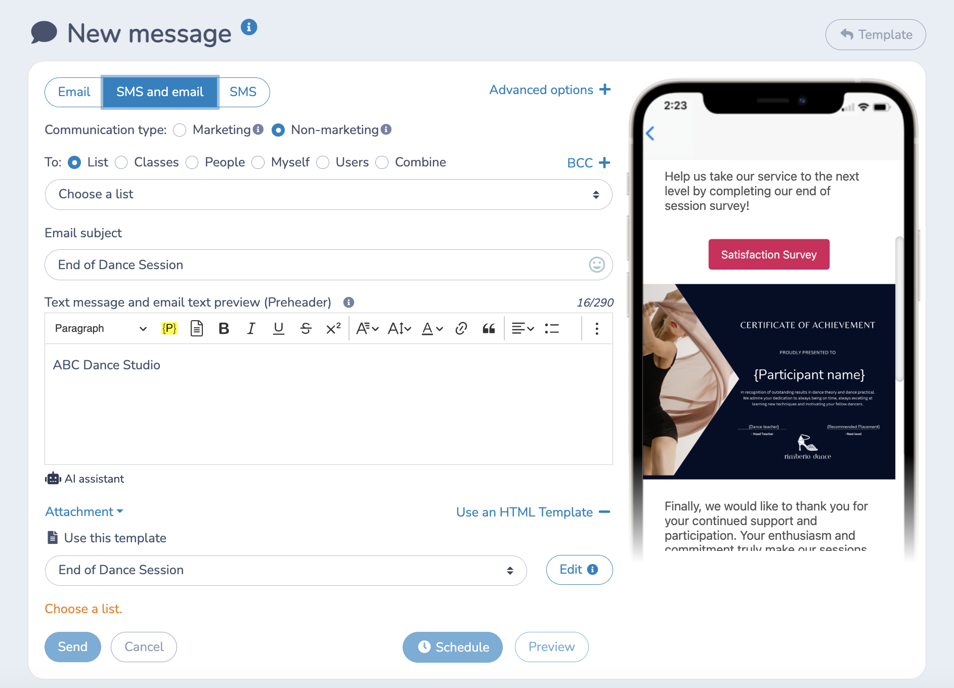 Send bulk SMS/Email reminder for Dance Studios