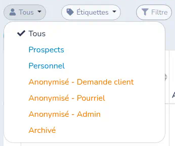 Menu du filtre de clients ouvert, avec Archivé comme dernière option
