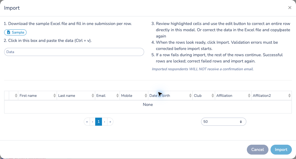 Import dialog with sample download, data input and row validation instructions