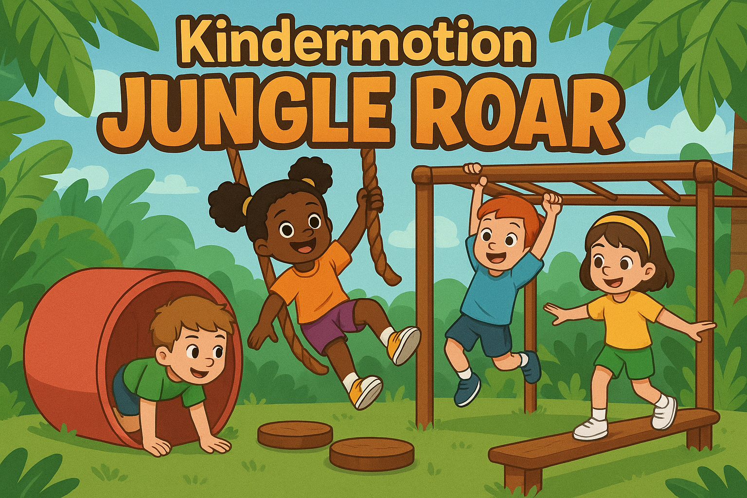 Kids  school age sport activities, obstacle course jungle text "Kindermotion Jungle Roar"