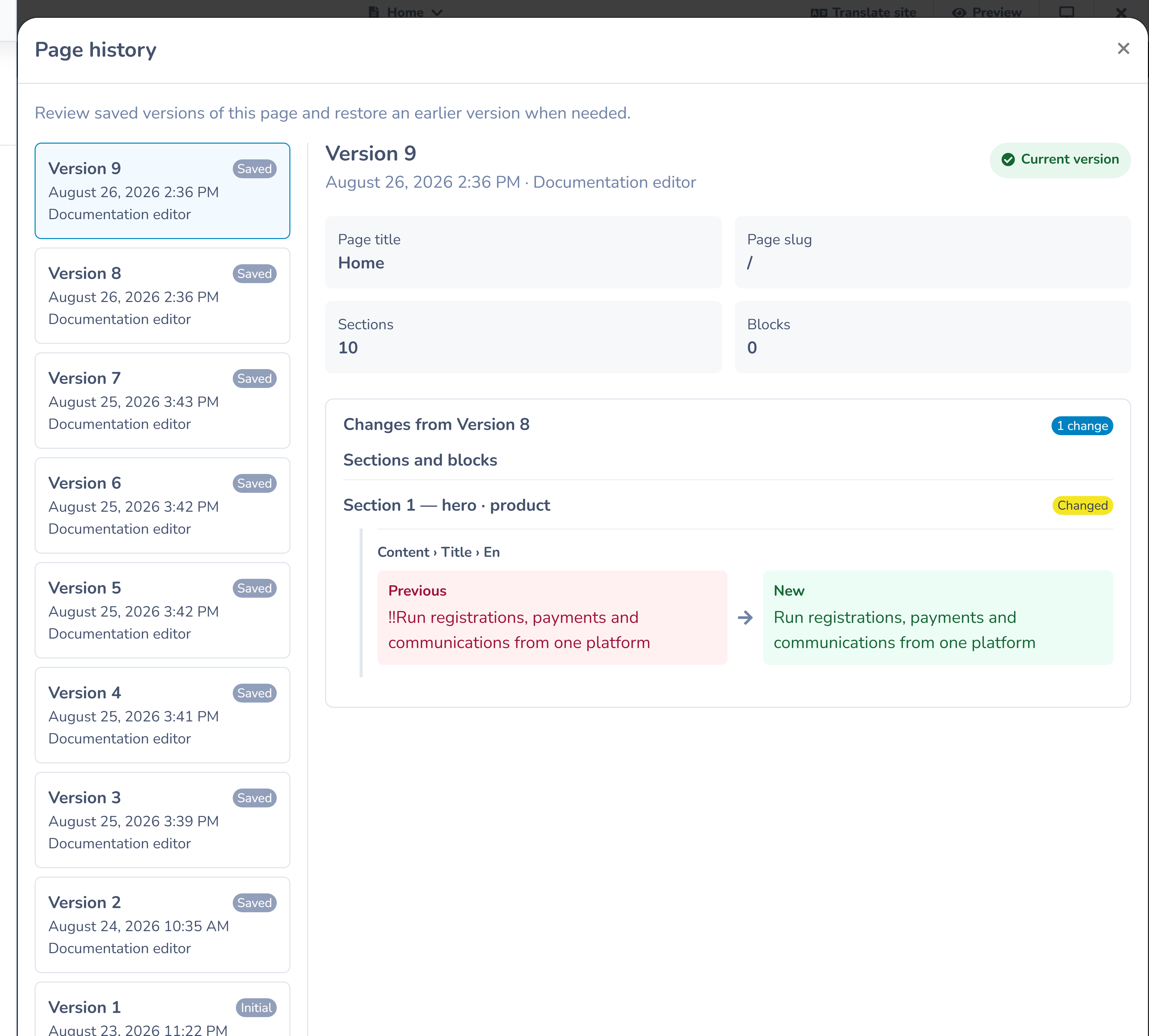 Page history showing saved versions and restoration controls