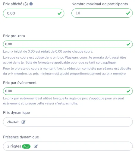 Réglages du cours avec le nombre maximal de participants à 10 et Présence dynamique indiquant 2 règles Actif