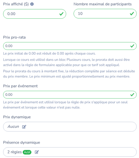 Réglages du cours avec le nombre maximal de participants à 10 et Présence dynamique indiquant 2 règles Actif