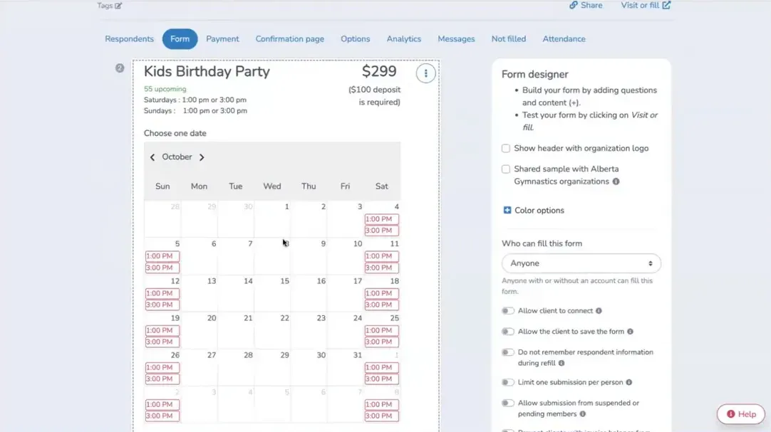 Create a calendar for birthday party bookings through Activity Messenger