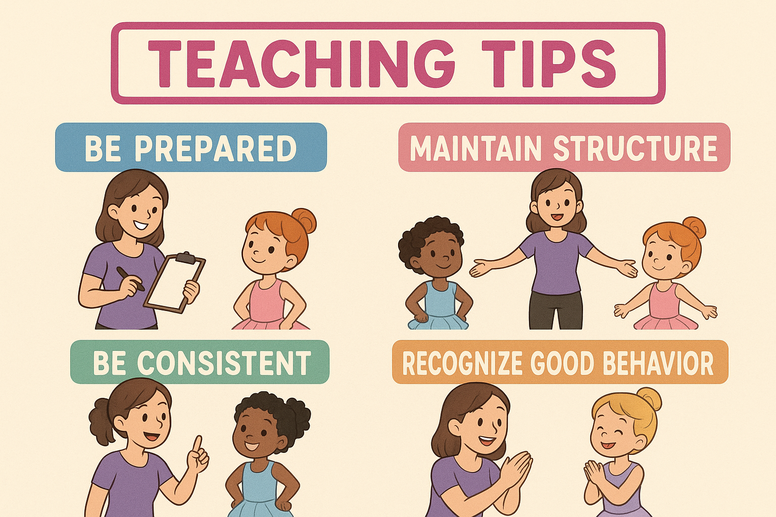 "Teaching Tips" preschool dance class, class management, be prepared, maintain structure, be consistent, recognize good behavior