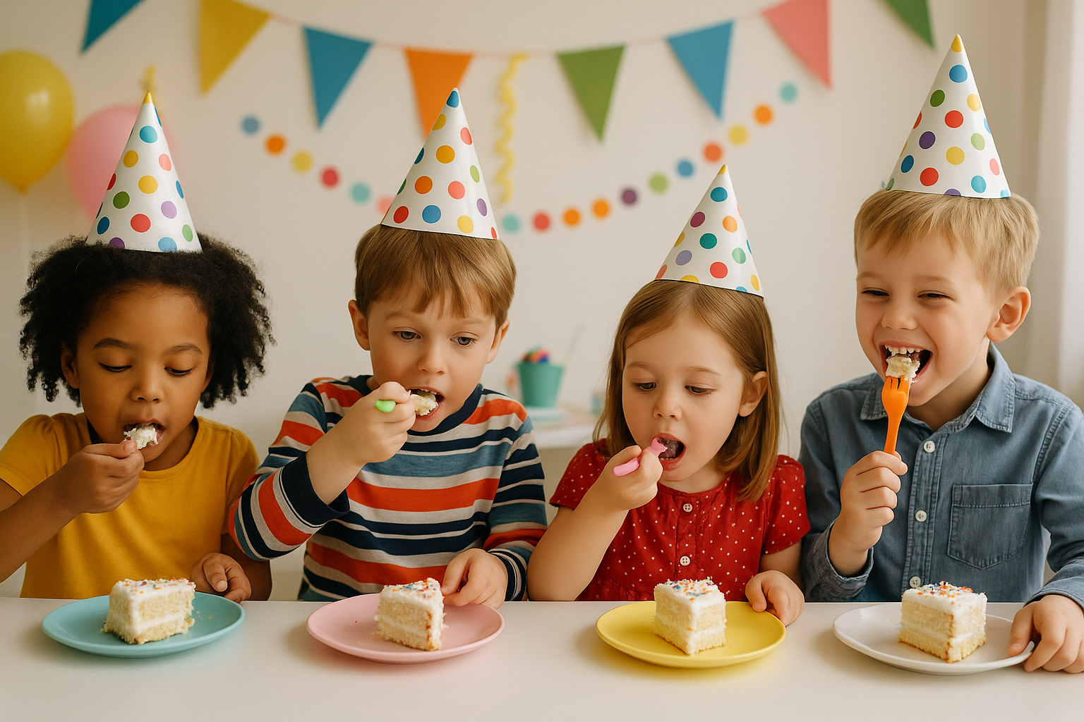 des enfants qui mangent du gateau de fete avec des chapeaux de fete dans une salle