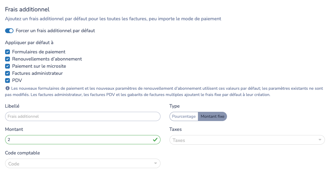 Configurer un frais additionnel fixe par défaut