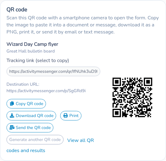 Share the form with Copy QR code, Download QR code, Print and Send the QR code