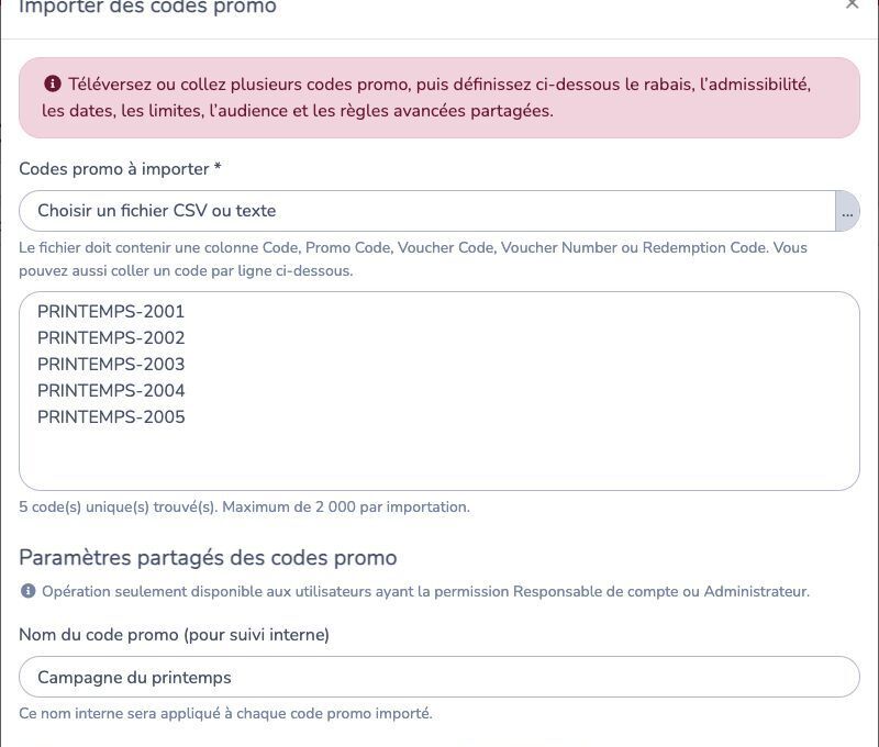 Importer plusieurs codes promo et configurer leurs paramètres partagés