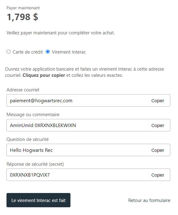 L'expérience client d'un virement Interac — capture d’écran