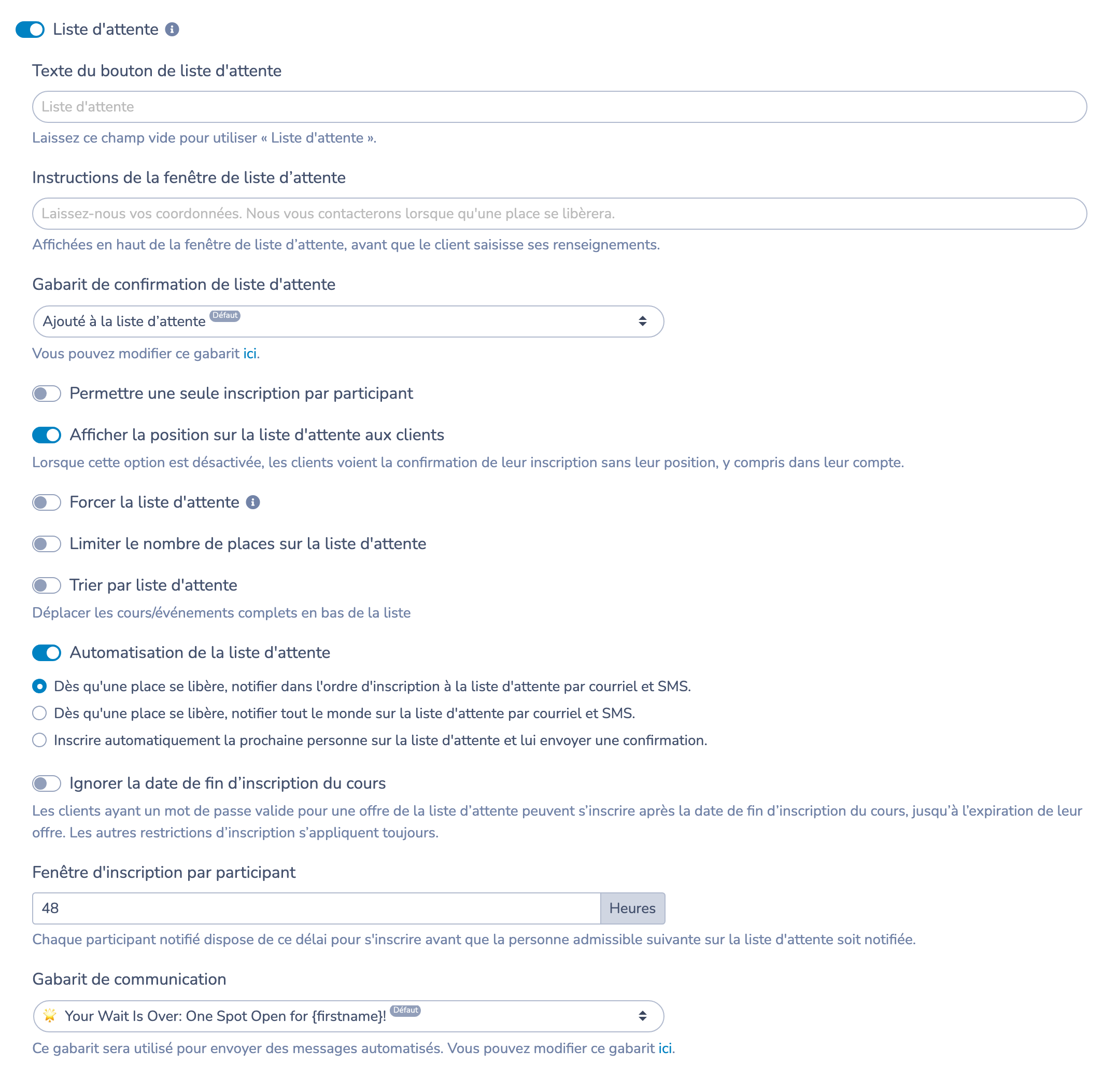 Réglages de liste d’attente dans le bloc de cours, avec les options d’invitation