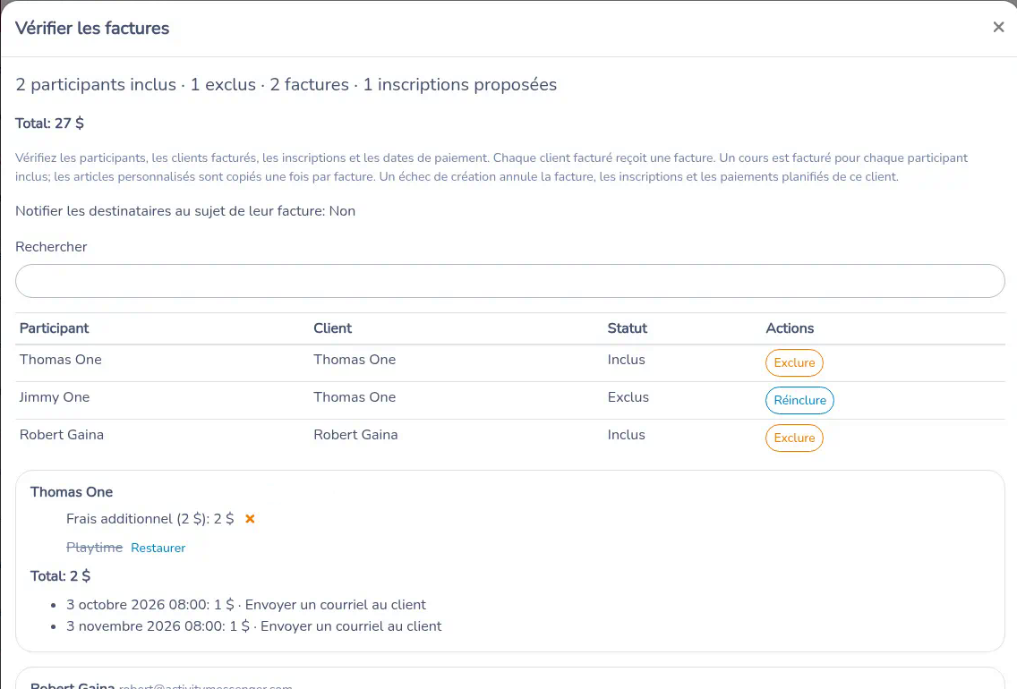 Fiche client avec une ligne de cours retirée et Restaurer, ainsi que les dates de versement. L’adresse courriel est masquée.