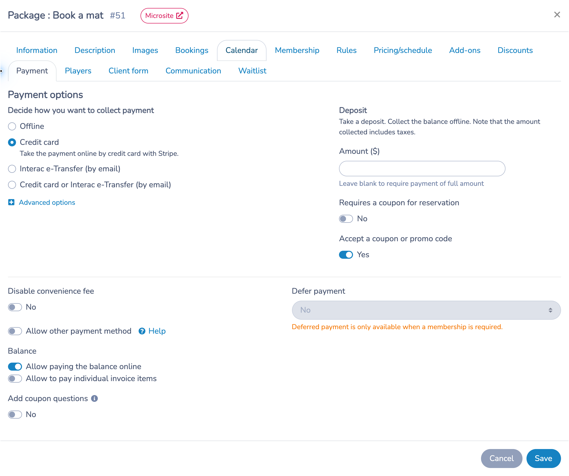 Payment tab showing credit card payment, deposit and coupon options, balance settings and deferred-payment availability