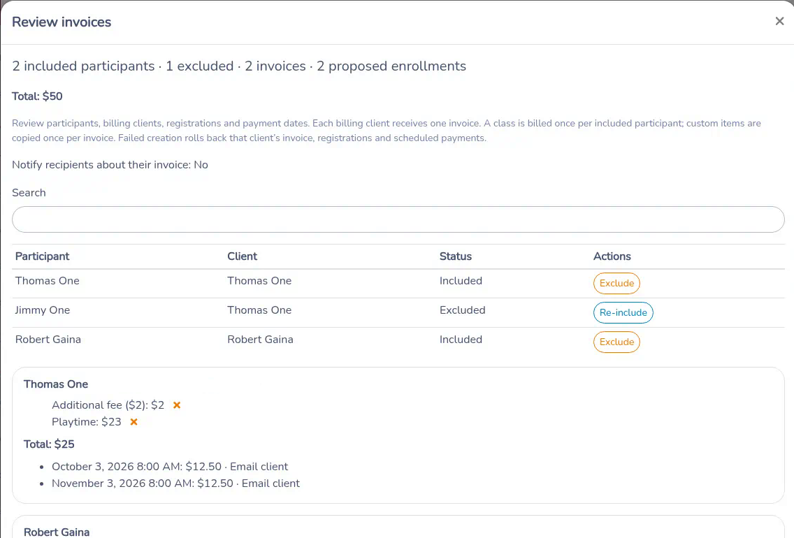 Review invoices with an enrollment exception, Exclude on a participant row, and the client cards below. Email addresses are hidden.