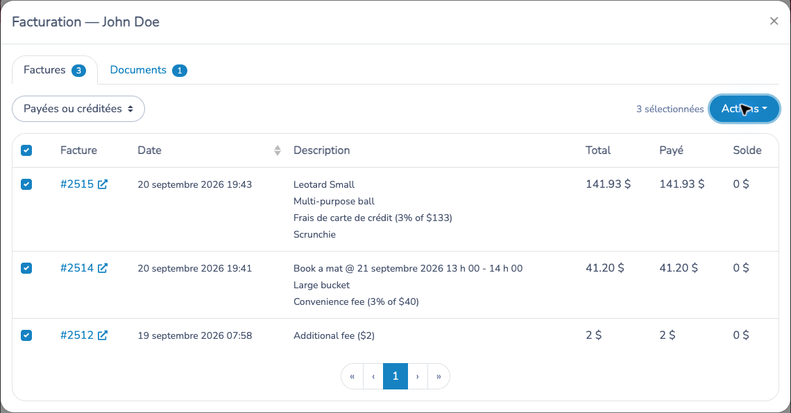 Onglet Factures de Facturation avec trois factures payées sélectionnées et le menu Actions disponible