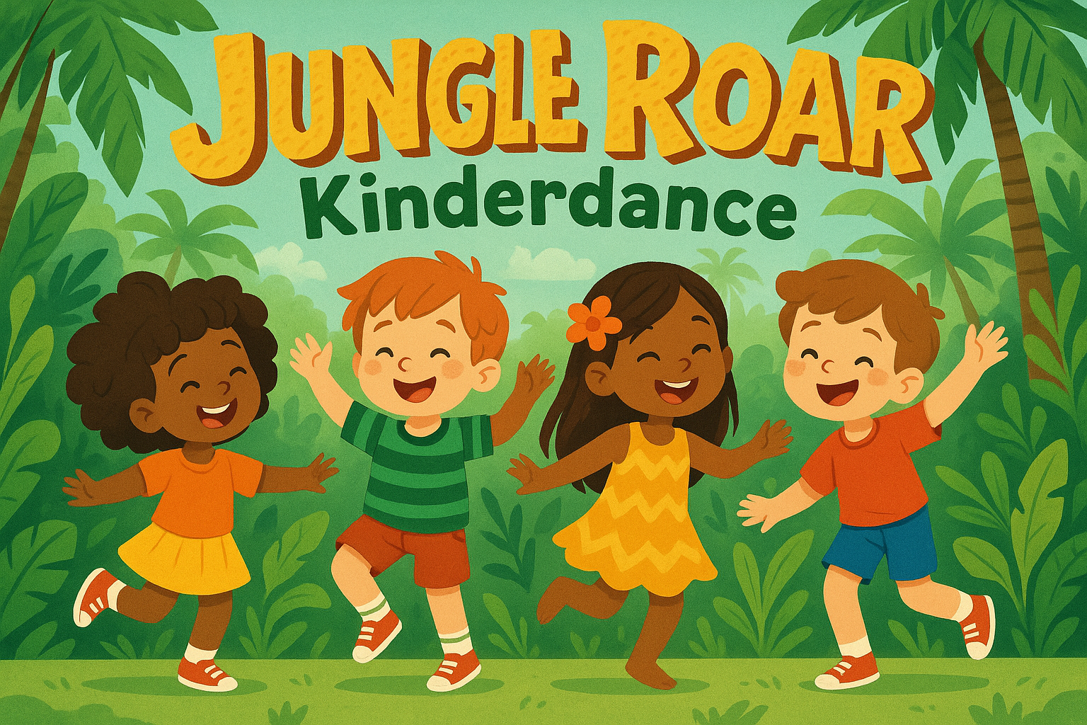 Kids dancing jungle text "Jungle Roar Kinderdance"