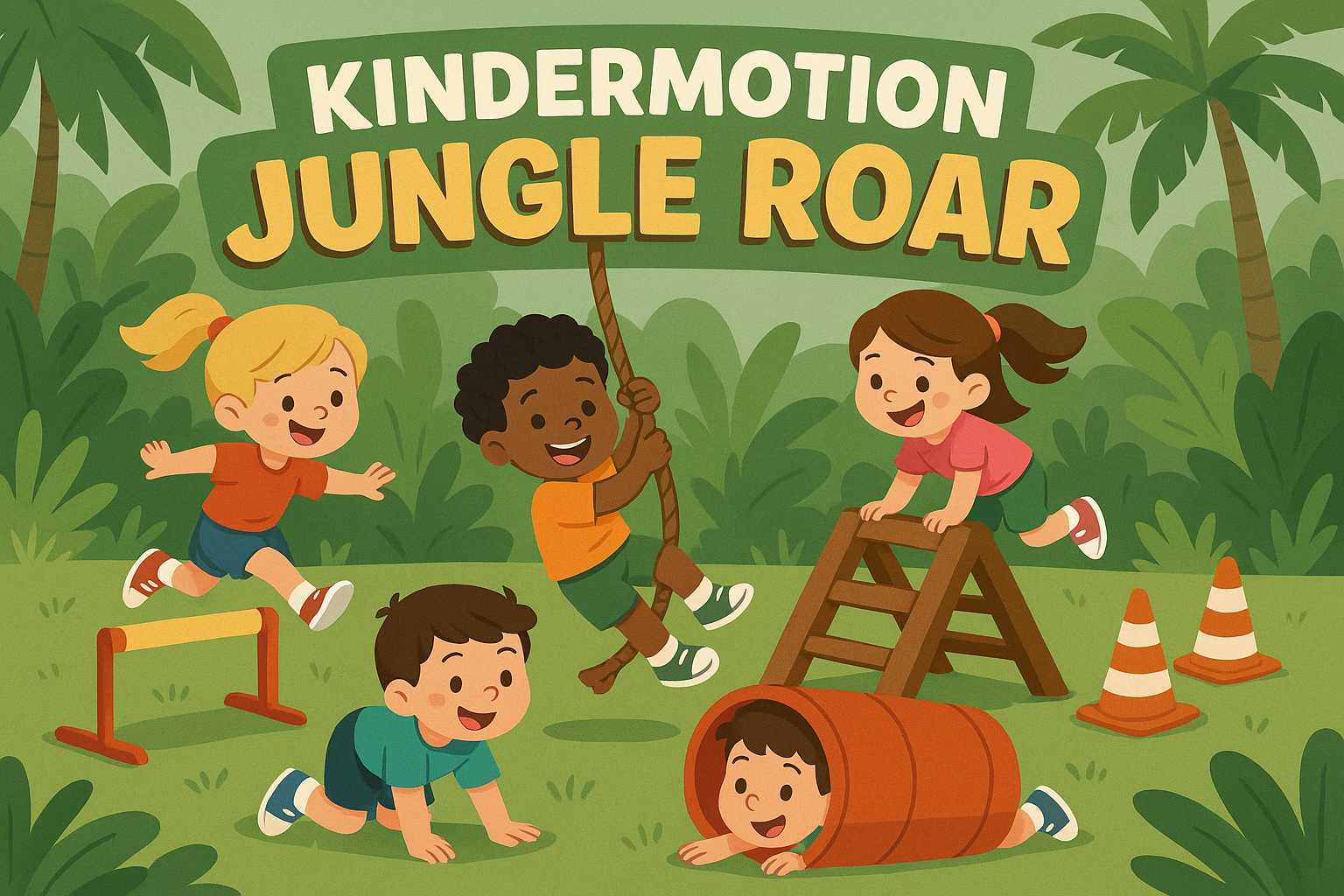 Kids sport activities, obstacle course jungle text "Kindermotion Jungle Roar"