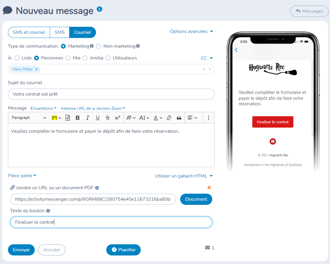 Contrat de location : Étape 6 - Envoyer le contrat par courriel à votre client