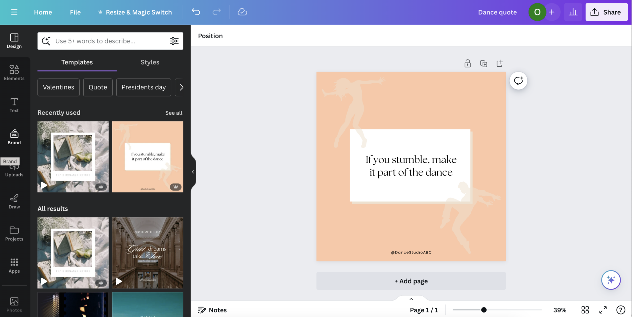 Use Canva to create dance quote designs