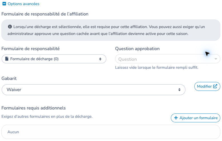 Décharge requise, question d’approbation, gabarit d’invitation et formulaires additionnels