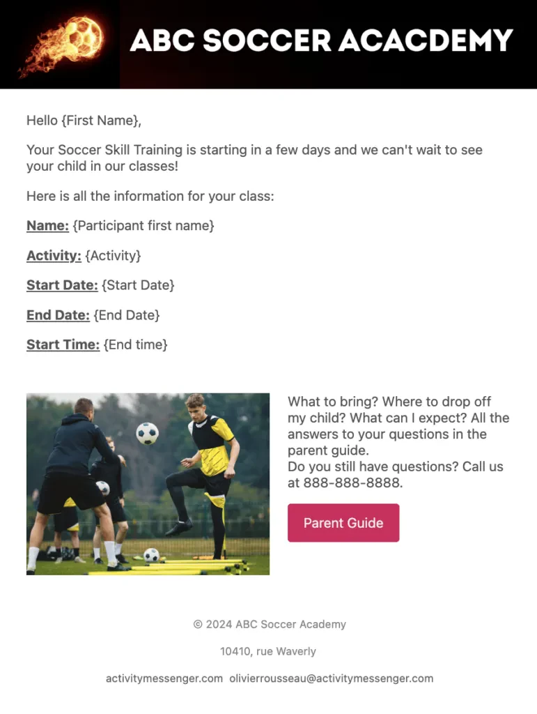 Start of session reminder for soccer registration form
