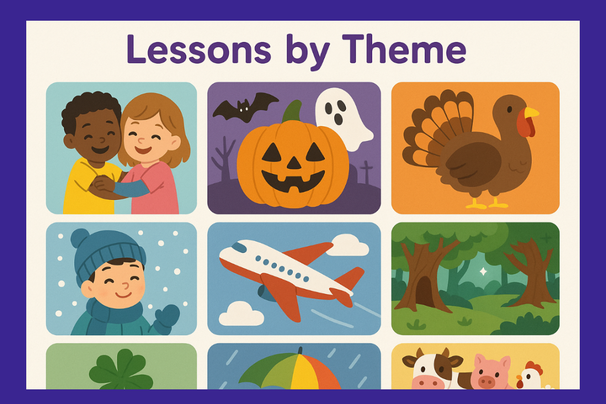 Written: "Lessons by Theme" in the Color Purple with pictures of Friends that are kids, Halloween, Turkey , Winter, Travel transportation, Enchanted forest, Lucky, Rain, Farm animals (do not write themes just pictures)