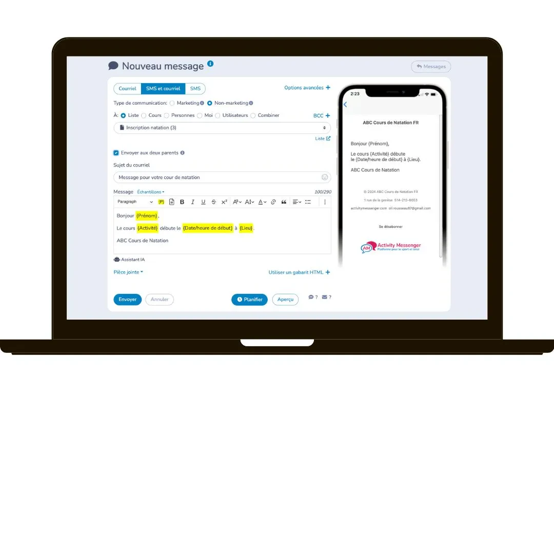 Communications personnalisées par SMS et Courriel pour club de natation
