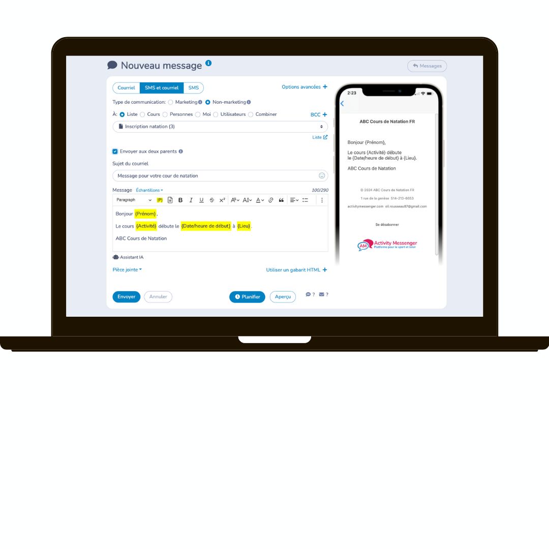 Communications personnalisées par SMS et Courriel pour club de natation