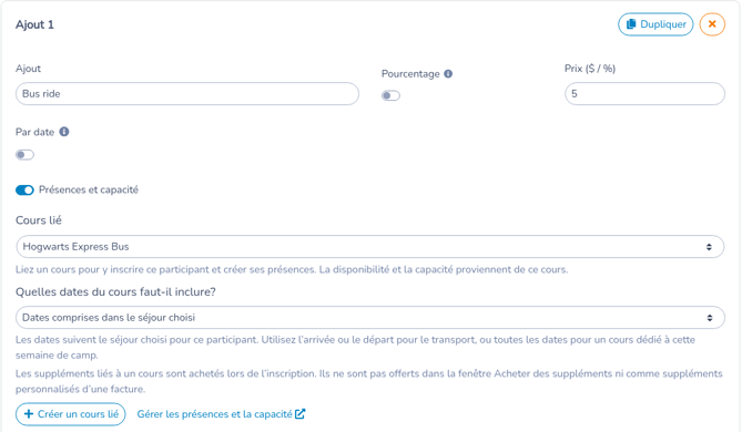 Fiche du supplément Bus ride à 5 $, Par date désactivé, Présences et capacité activé, Cours lié Hogwarts Express Bus, et Dates comprises dans le séjour choisi