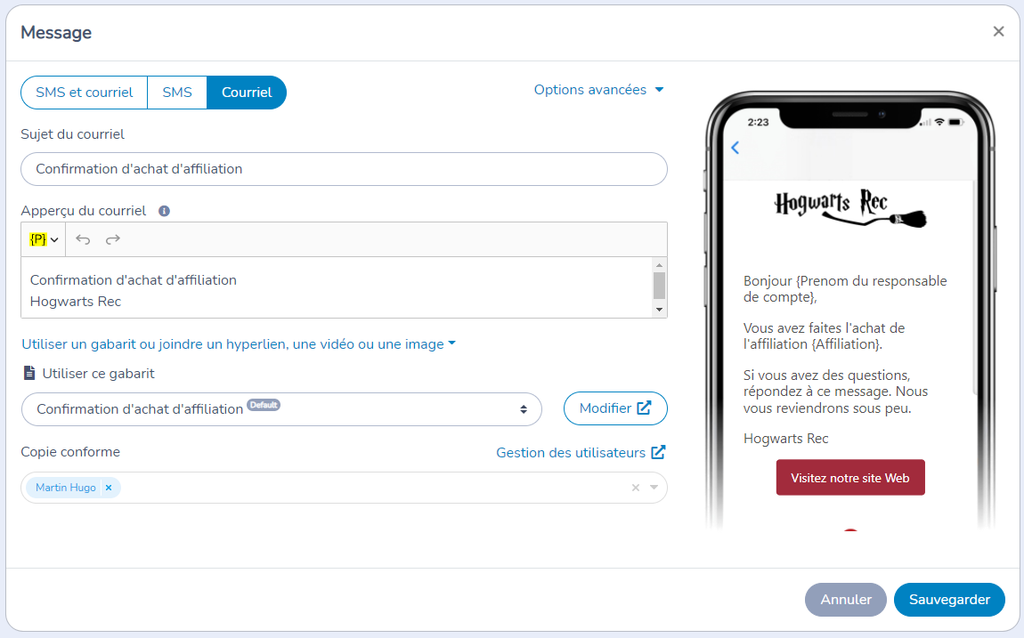 Envoyer un courriel/SMS de confirmation suite à l'achat d'une affiliation ou d'un laissez-passer Amilia — illustration