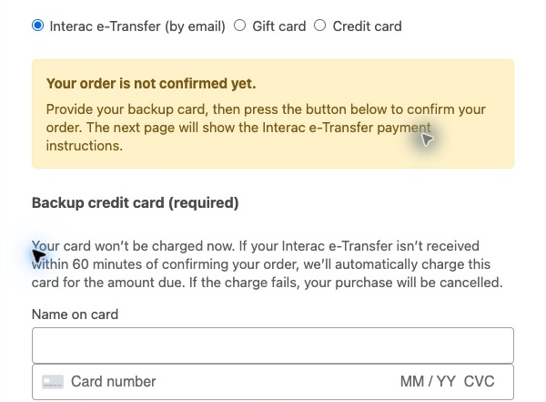 Client checkout showing the yellow order-confirmation notice, automatic backup-charge explanation and empty card fields