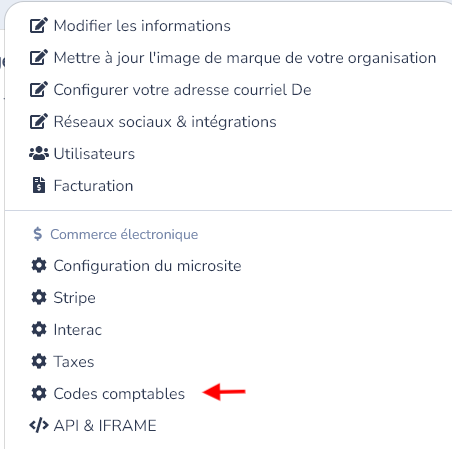 Menu de l’organisation avec l’option Codes comptables identifiée