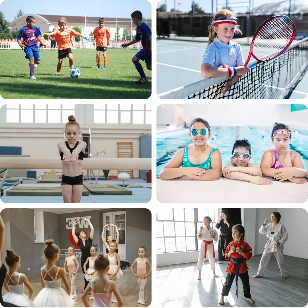 Kids playing soccer, tennis, gymnastics, swimming, dance and martial arts