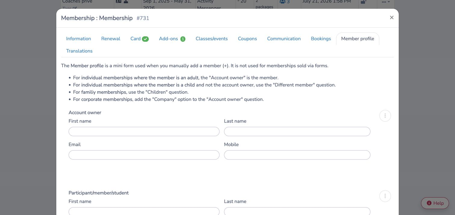Design the mini form used when administrators add or edit a member