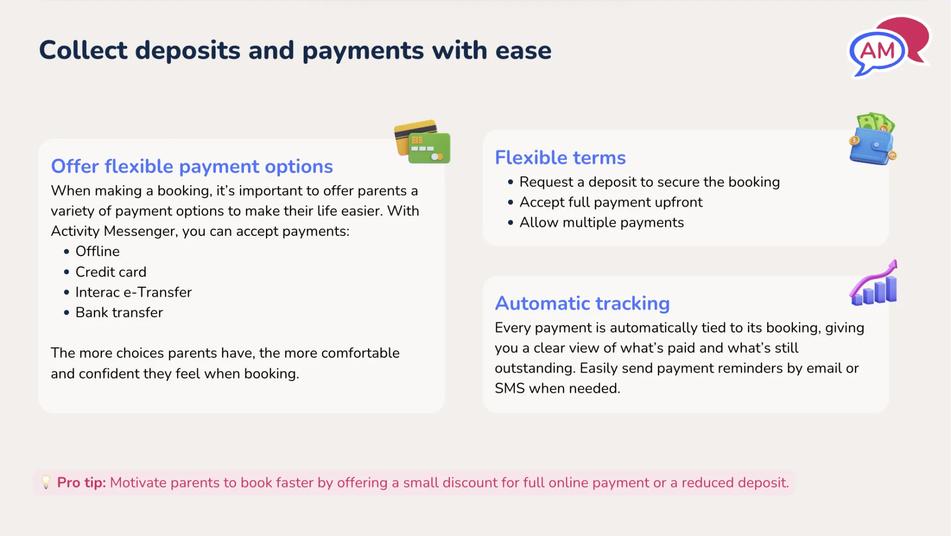Collect deposits for Activity Messenger birthday party bookings with ease