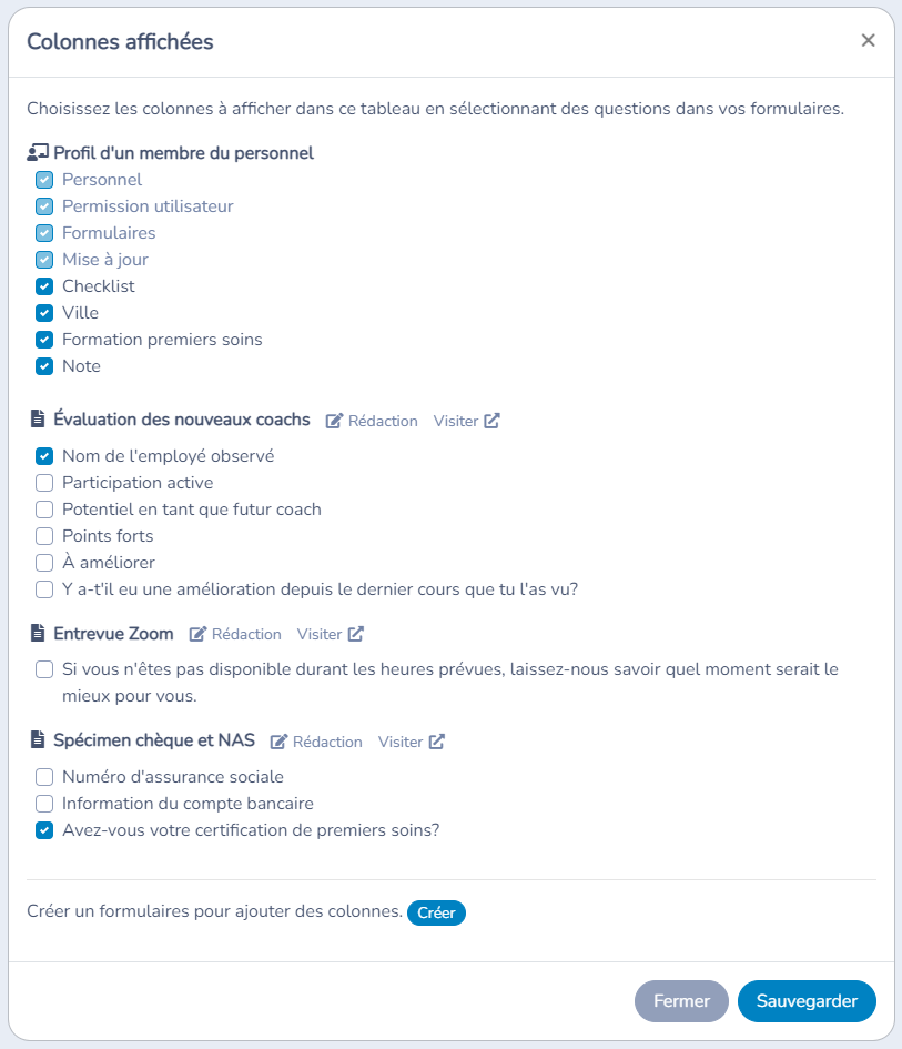 Sélectionner les colonnes du profil et des formulaires