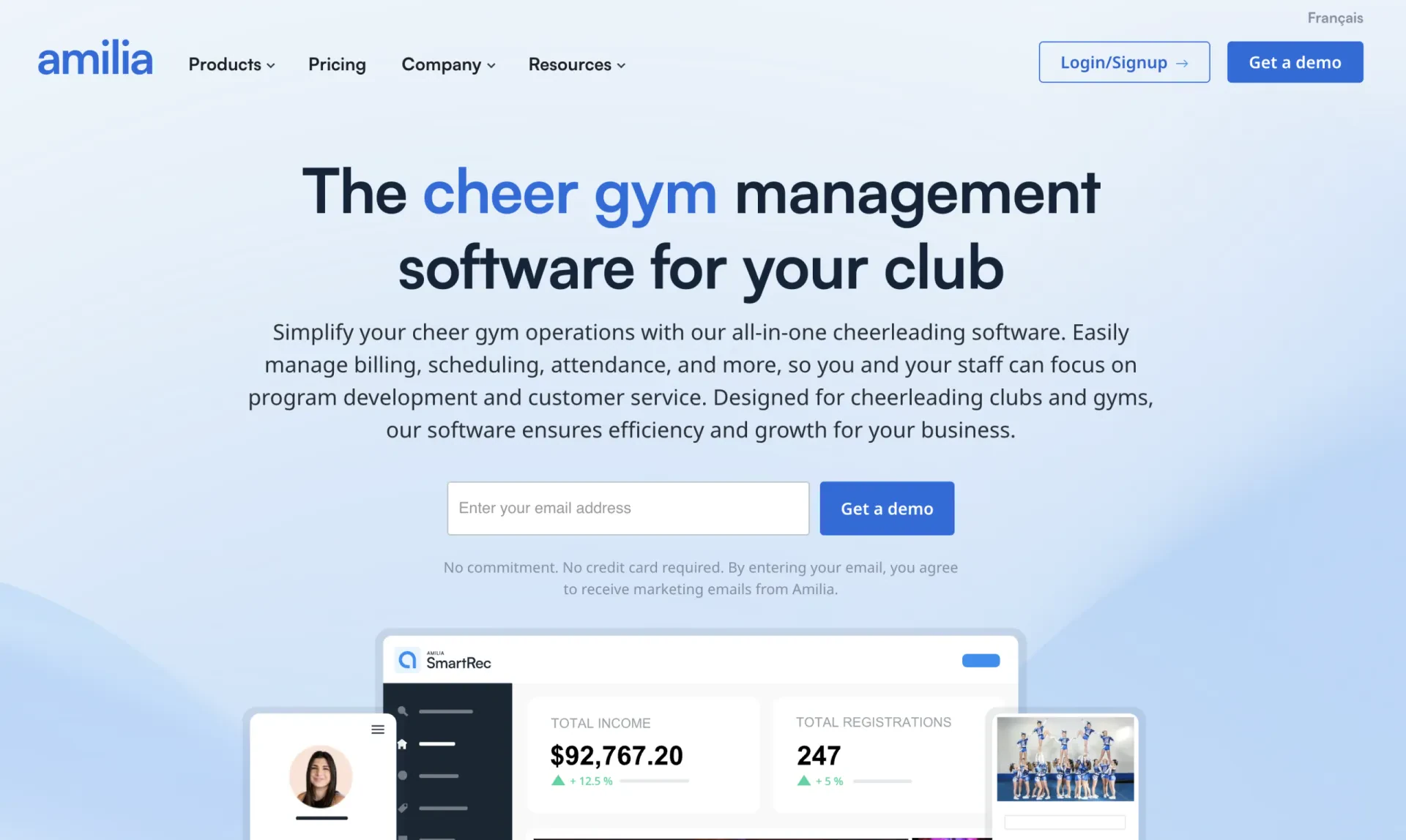Amilia homepage as a cheerleading management software