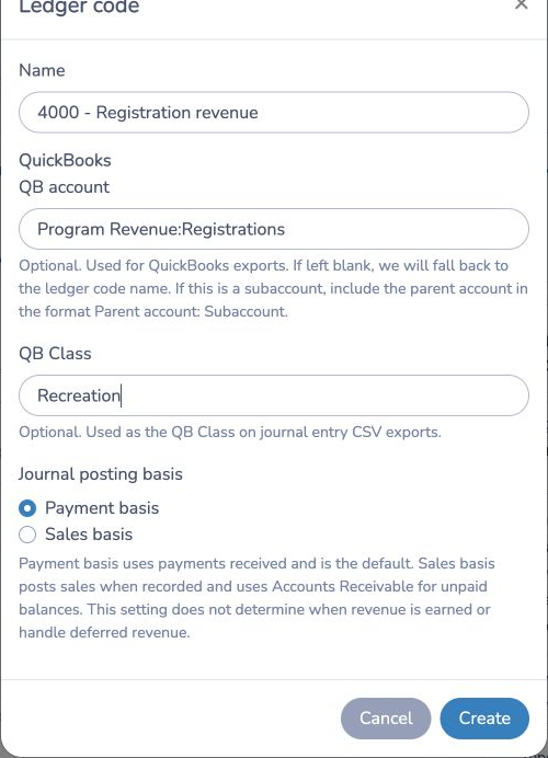 Map a ledger code to a QuickBooks account and class