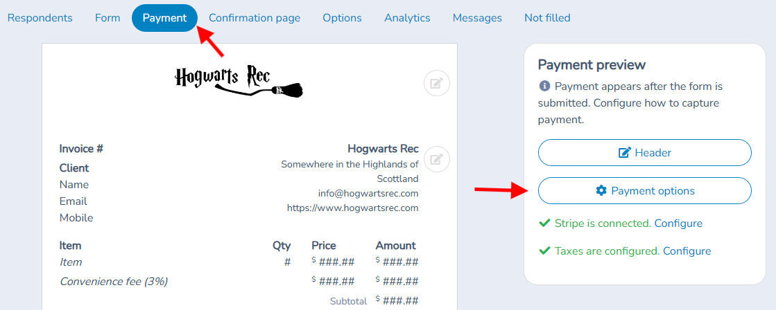 Rental contract: Set up payment and deposit