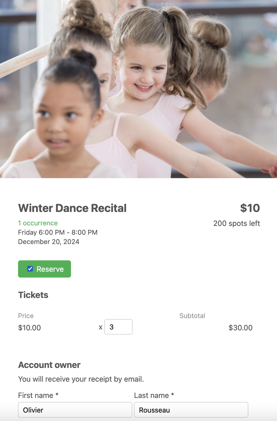 Dance recital ticket form