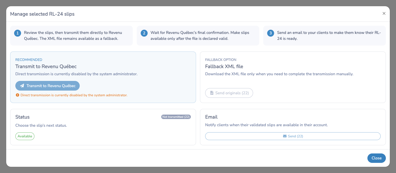 Review the direct Revenu Québec transmission workflow and the fallback XML option