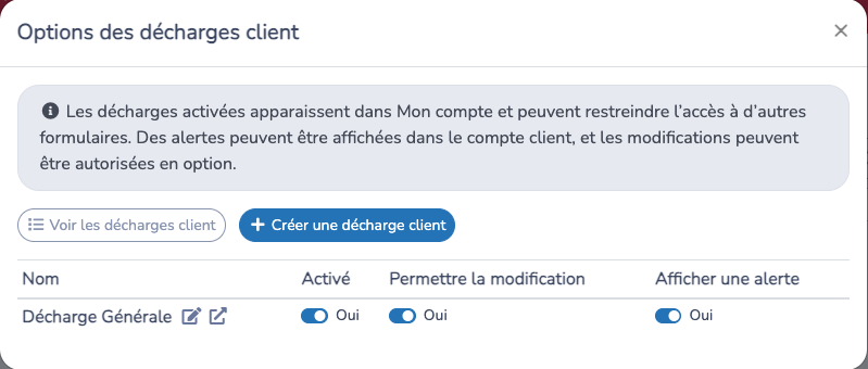 Gérer les décharges client à partir de la page Clients