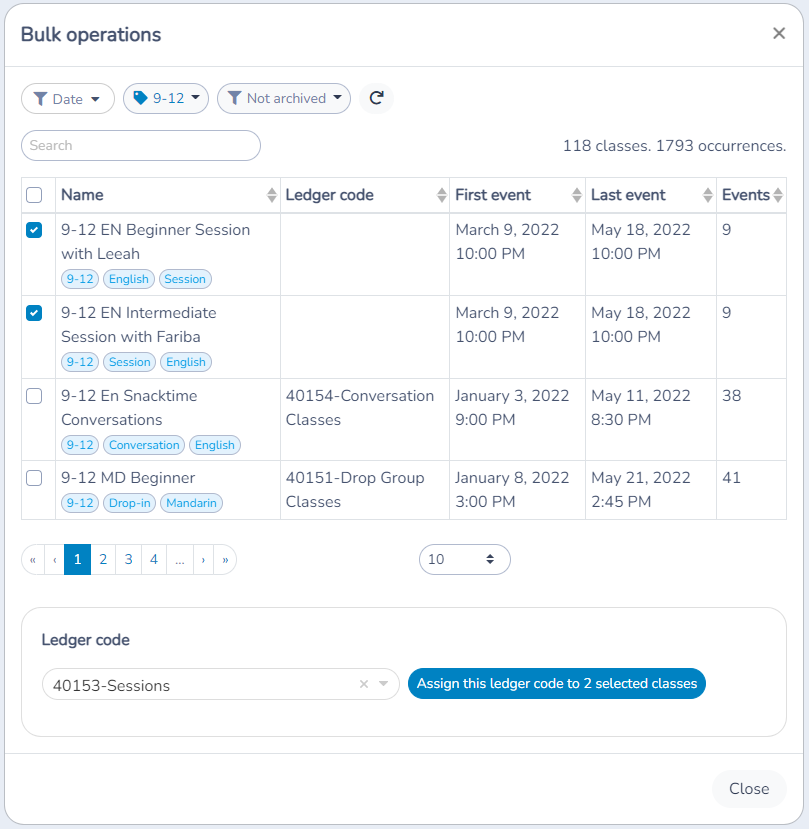 Bulk operations window with two classes selected and a ledger code to assign