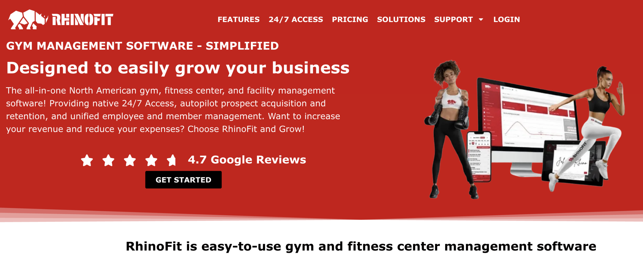 RhinoFit homepage as a cheerleading management software