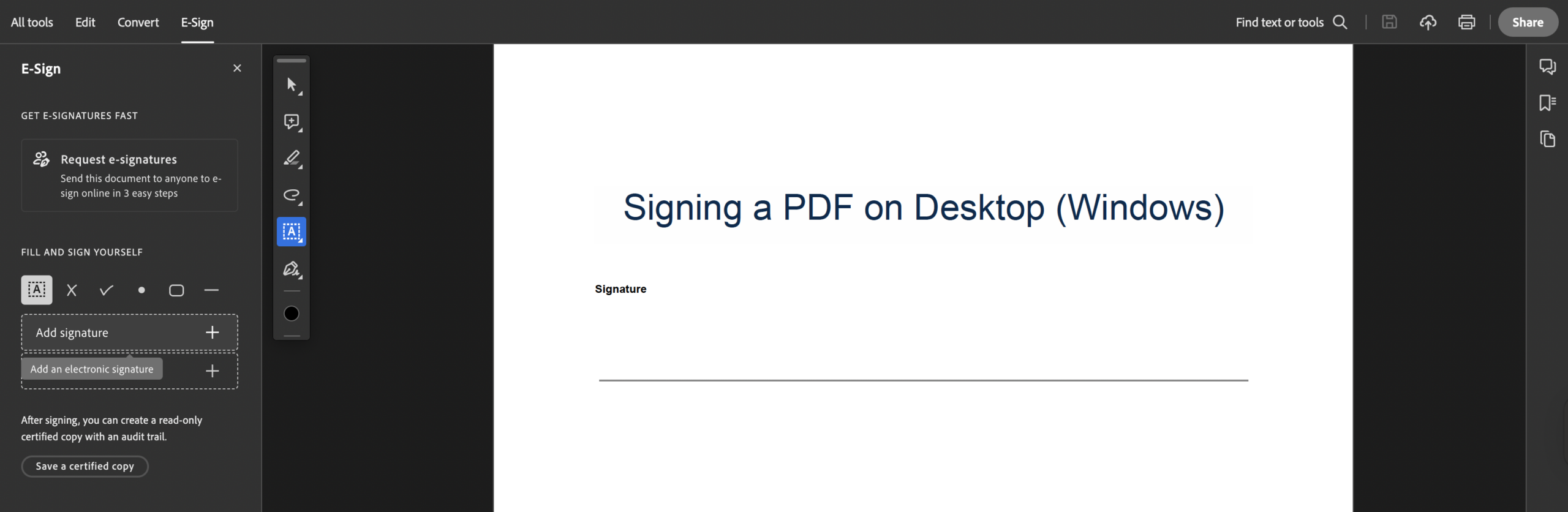 Choose to add a signature to your PDF in Adobe Acrobat Reader