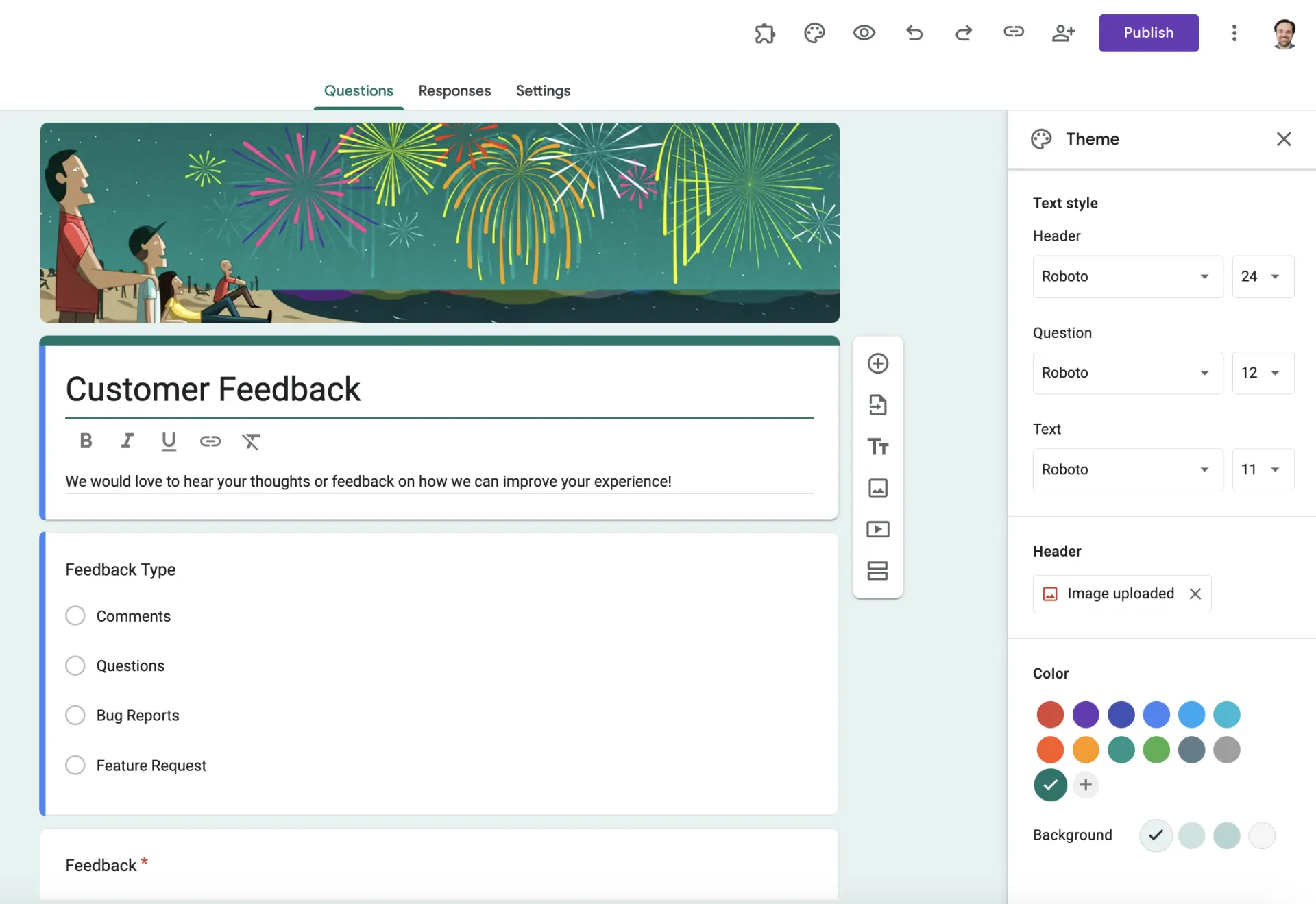 hange the Theme Color and Background in google forms
