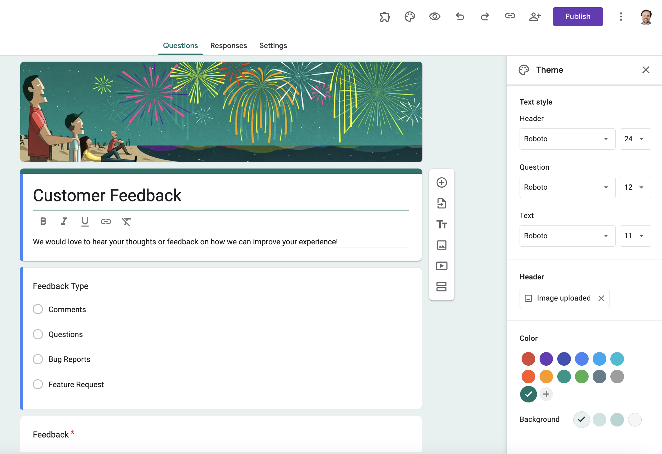 hange the Theme Color and Background in google forms