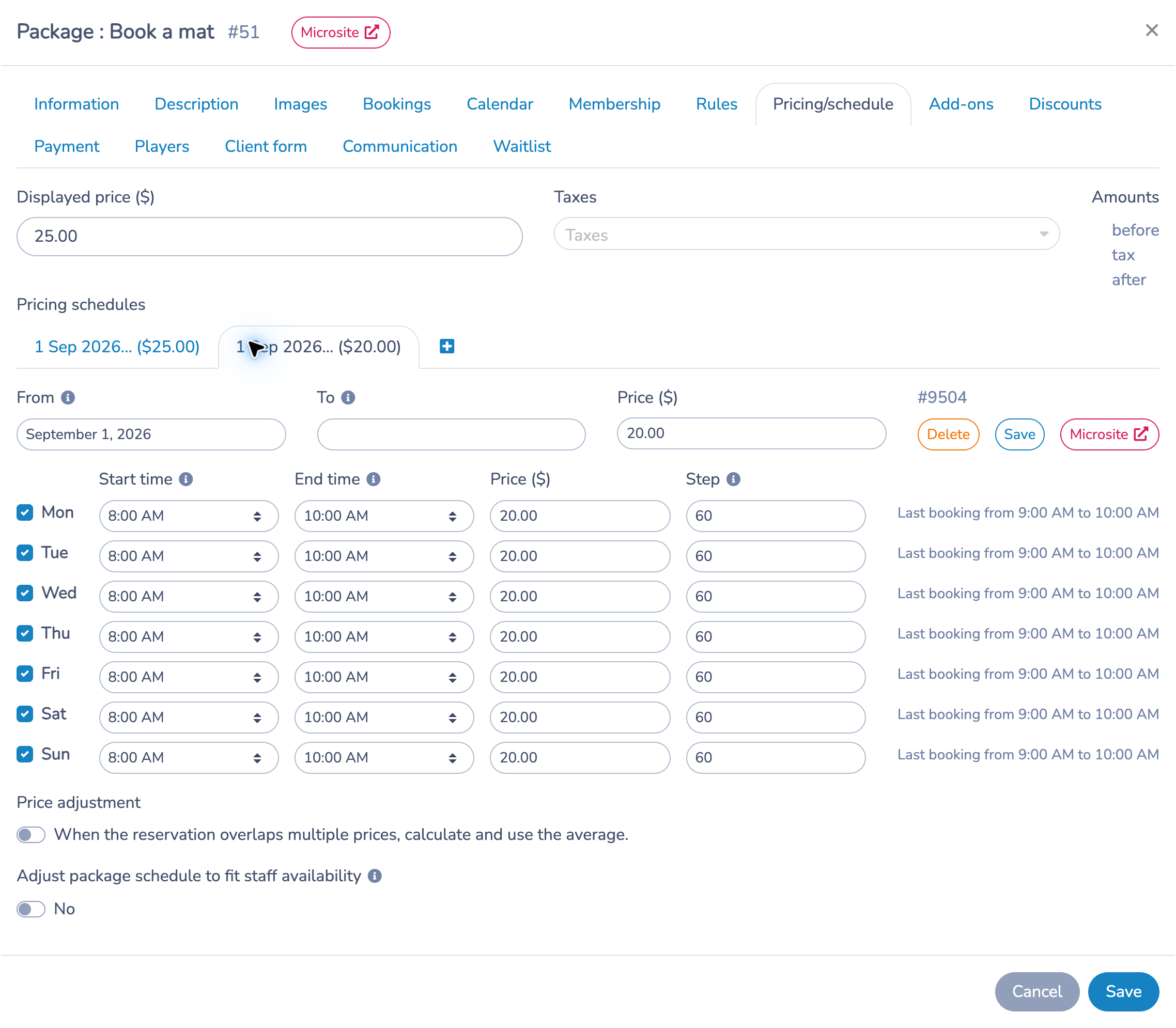 Pricing/schedule tab showing the $20 morning schedule from 8 a.m. to 10 a.m., alongside the $25 schedule